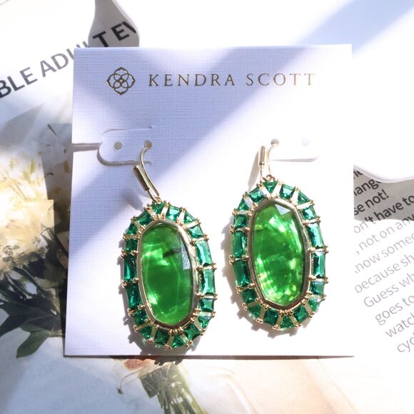 Kendra Scott Elle Gold Kelly Green Crystal Frame Earrings - Picture 1 of 2